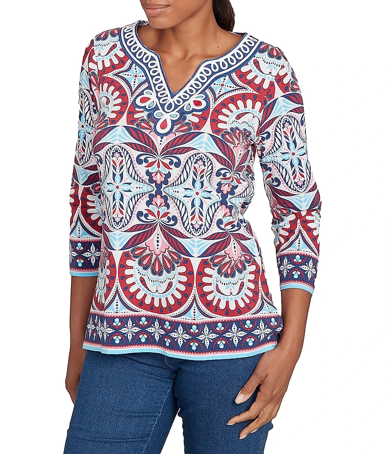 Ruby Rd. Knit Geometric Print Soutache Embellishments Split V-Neck 3/4 Sleeve Top