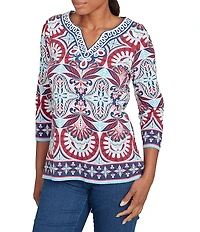 Ruby Rd. Knit Geometric Print Soutache Embellishments Split V-Neck 3/4 Sleeve Top
