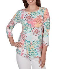 Ruby Rd. Knit Medallion Floral Square Neck 3/4 Sleeve Top