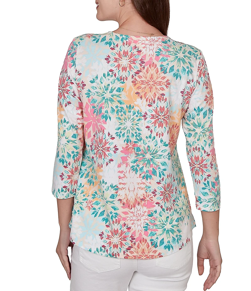 Ruby Rd. Knit Medallion Floral Square Neck 3/4 Sleeve Top