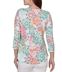 Ruby Rd. Knit Medallion Floral Square Neck 3/4 Sleeve Top