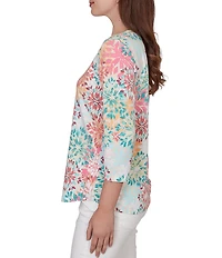Ruby Rd. Knit Medallion Floral Square Neck 3/4 Sleeve Top