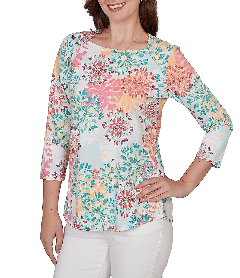Ruby Rd. Knit Medallion Floral Square Neck 3/4 Sleeve Top