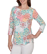 Ruby Rd. Knit Medallion Floral Square Neck 3/4 Sleeve Top