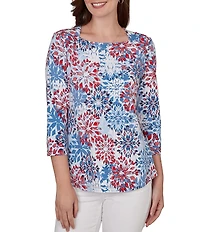 Ruby Rd. Knit Medallion Floral Square Neck 3/4 Sleeve Top