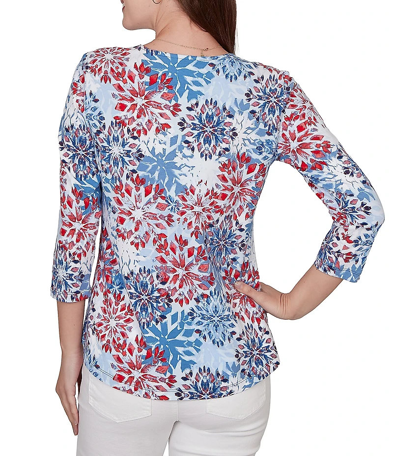 Ruby Rd. Knit Medallion Floral Square Neck 3/4 Sleeve Top