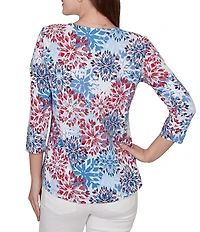 Ruby Rd. Knit Medallion Floral Square Neck 3/4 Sleeve Top