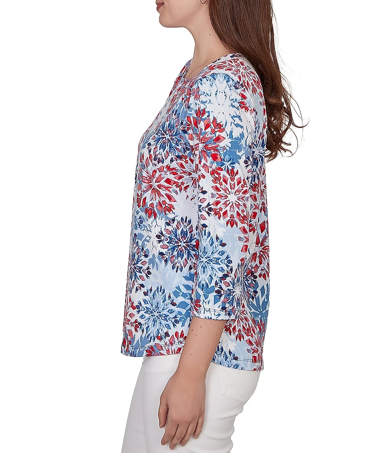 Ruby Rd. Knit Medallion Floral Square Neck 3/4 Sleeve Top