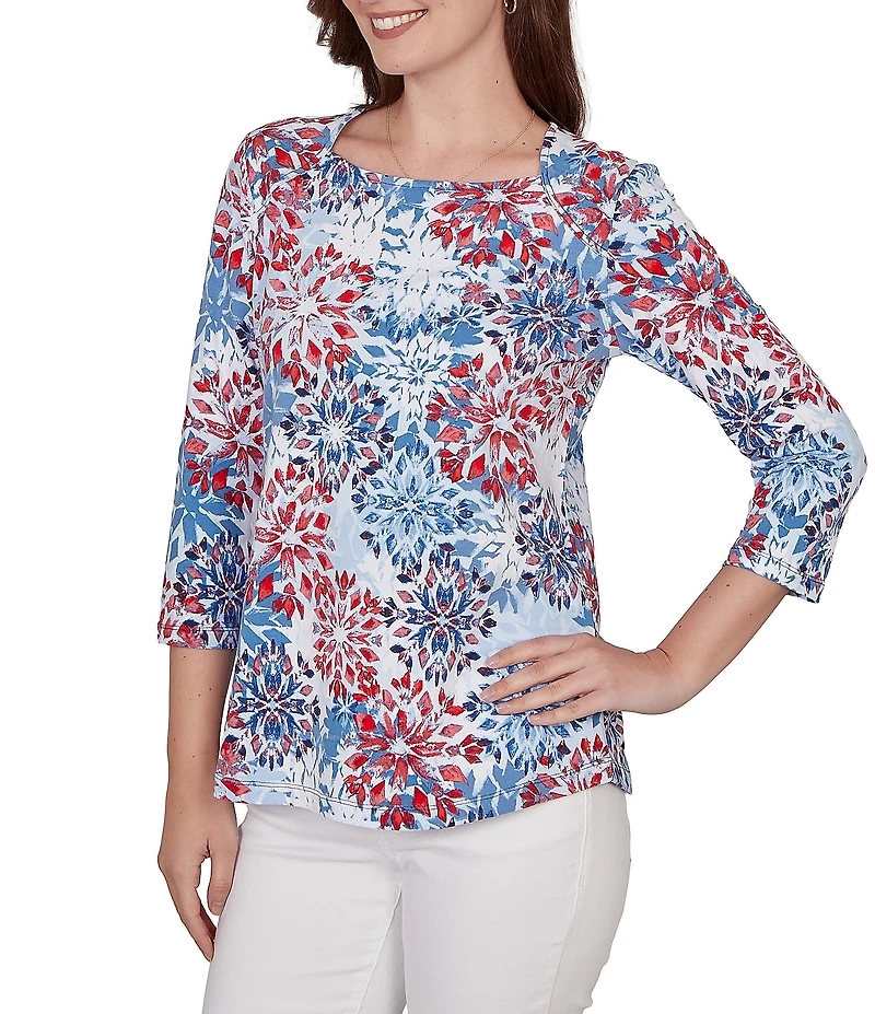 Ruby Rd. Knit Medallion Floral Square Neck 3/4 Sleeve Top
