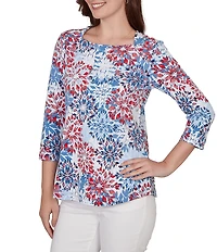 Ruby Rd. Knit Medallion Floral Square Neck 3/4 Sleeve Top