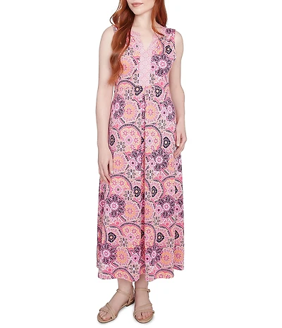 Ruby Rd. Knit Medallion Print Split V-Neck Sleeveless Maxi Dress