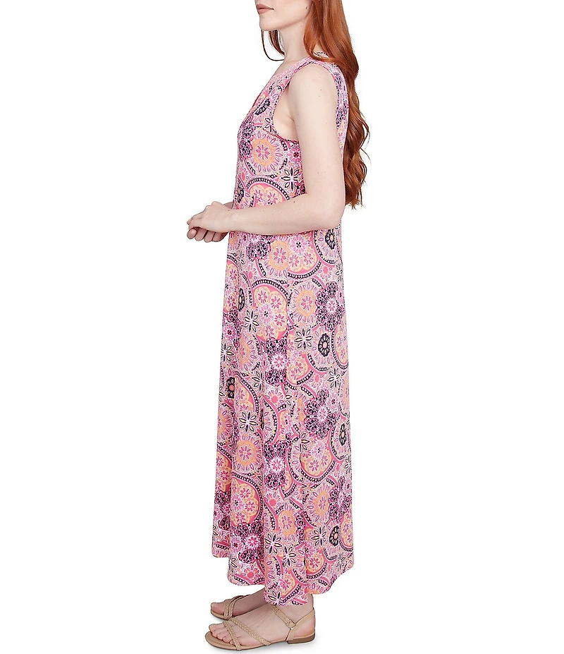 Ruby Rd. Knit Medallion Print Split V-Neck Sleeveless Maxi Dress