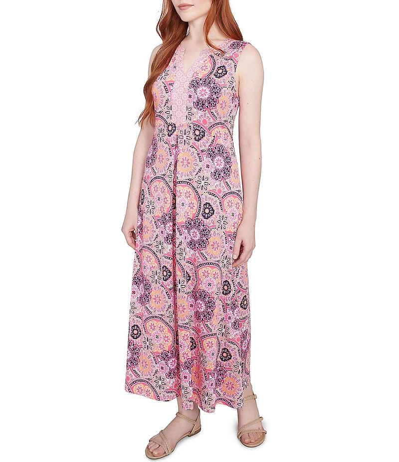 Ruby Rd. Knit Medallion Print Split V-Neck Sleeveless Maxi Dress