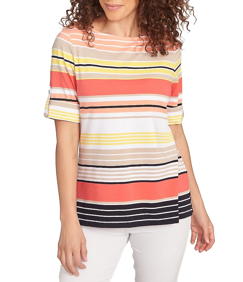 Ruby Rd. Knit Multi Stripe Boat Neck Short Roll-Tab Sleeve Top