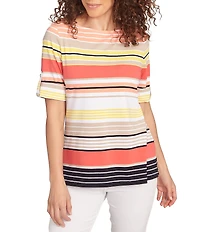Ruby Rd. Knit Multi Stripe Boat Neck Short Roll-Tab Sleeve Top