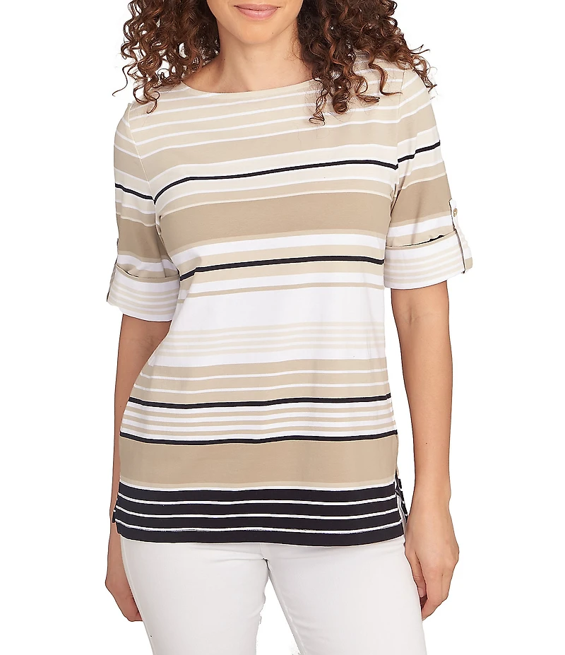 Ruby Rd. Knit Multi Stripe Boat Neck Short Roll-Tab Sleeve Top