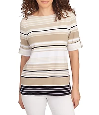 Ruby Rd. Knit Multi Stripe Boat Neck Short Roll-Tab Sleeve Top