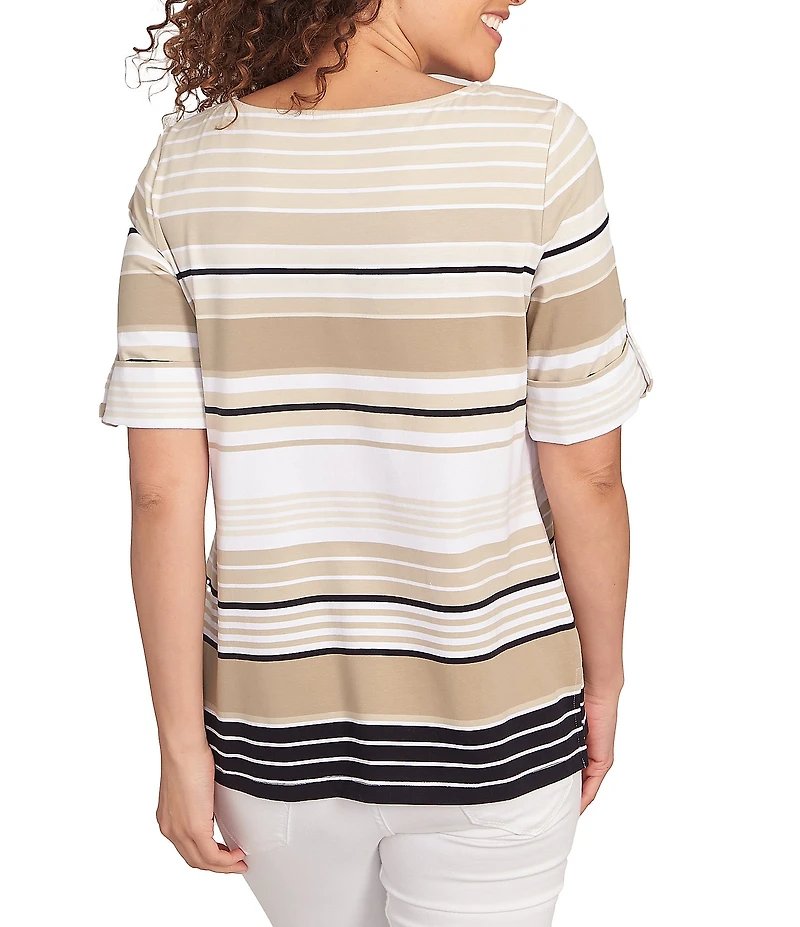 Ruby Rd. Knit Multi Stripe Boat Neck Short Roll-Tab Sleeve Top
