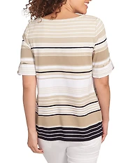 Ruby Rd. Knit Multi Stripe Boat Neck Short Roll-Tab Sleeve Top