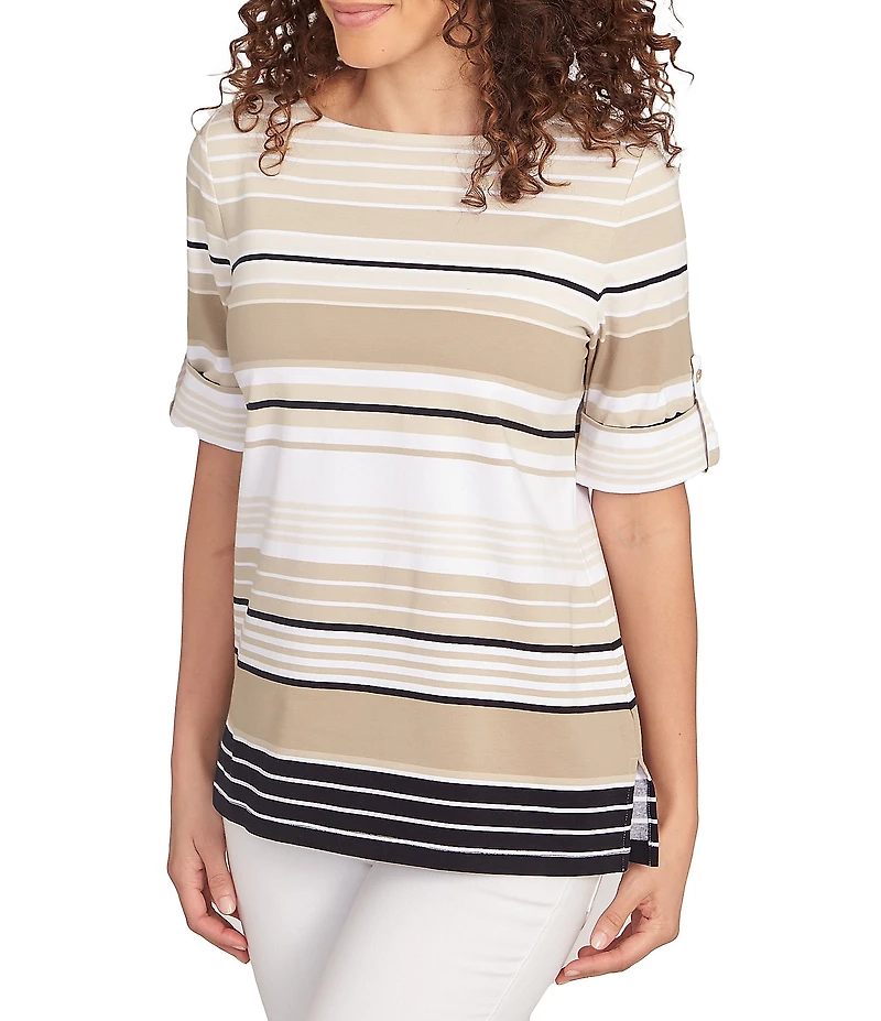 Ruby Rd. Knit Multi Stripe Boat Neck Short Roll-Tab Sleeve Top