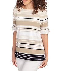 Ruby Rd. Knit Multi Stripe Boat Neck Short Roll-Tab Sleeve Top