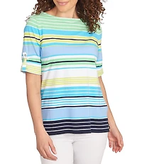 Ruby Rd. Knit Multi Stripe Boat Neck Short Roll-Tab Sleeve Top