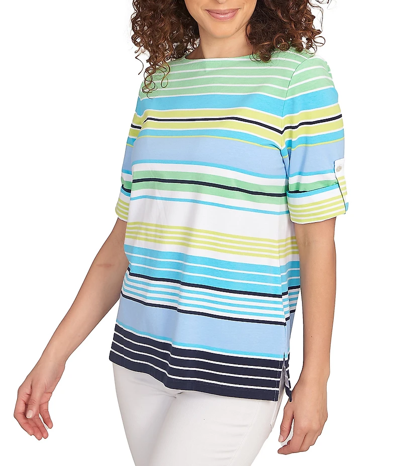 Ruby Rd. Knit Multi Stripe Boat Neck Short Roll-Tab Sleeve Top