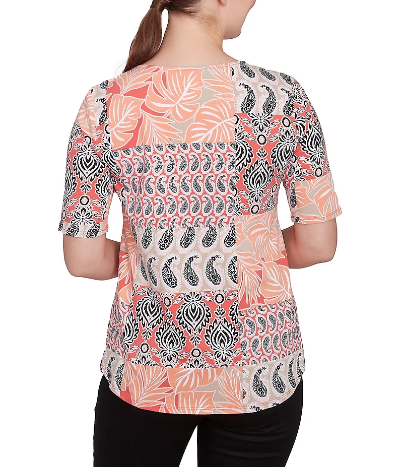 Ruby Rd. Knit Patchwork Split V-Neck Short Sleeve Top