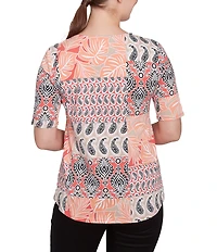 Ruby Rd. Knit Patchwork Split V-Neck Short Sleeve Top