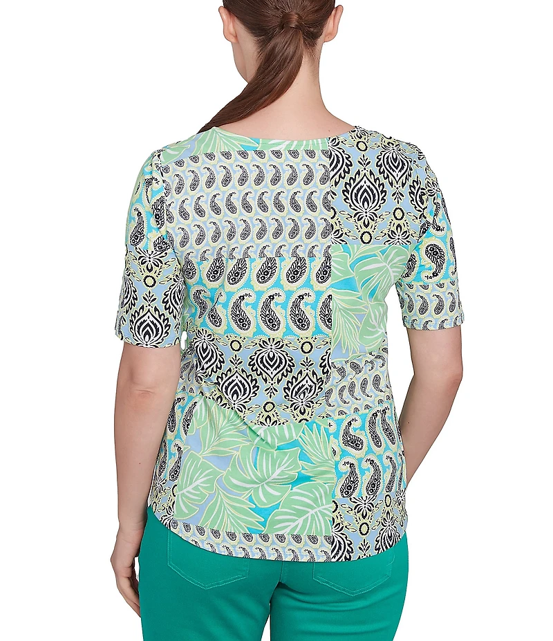 Ruby Rd. Knit Patchwork Split V-Neck Short Sleeve Top