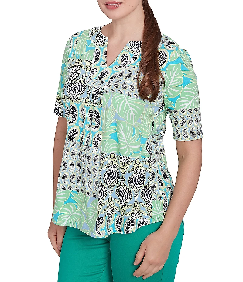 Ruby Rd. Knit Patchwork Split V-Neck Short Sleeve Top