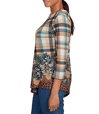 Ruby Rd. Knit Plaid Floral Leopard Print Boat Neck 3/4 Sleeve Top