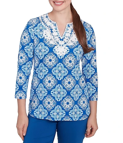 Ruby Rd. Knit Printed Round Split V-Neck 3/4 Sleeve Top