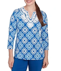 Ruby Rd. Knit Printed Round Split V-Neck 3/4 Sleeve Top