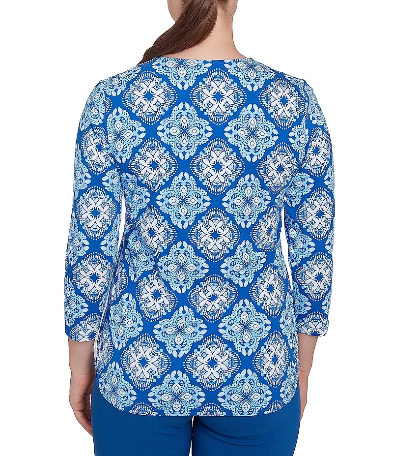 Ruby Rd. Knit Printed Round Split V-Neck 3/4 Sleeve Top
