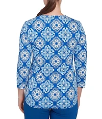 Ruby Rd. Knit Printed Round Split V-Neck 3/4 Sleeve Top