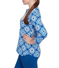 Ruby Rd. Knit Printed Round Split V-Neck 3/4 Sleeve Top