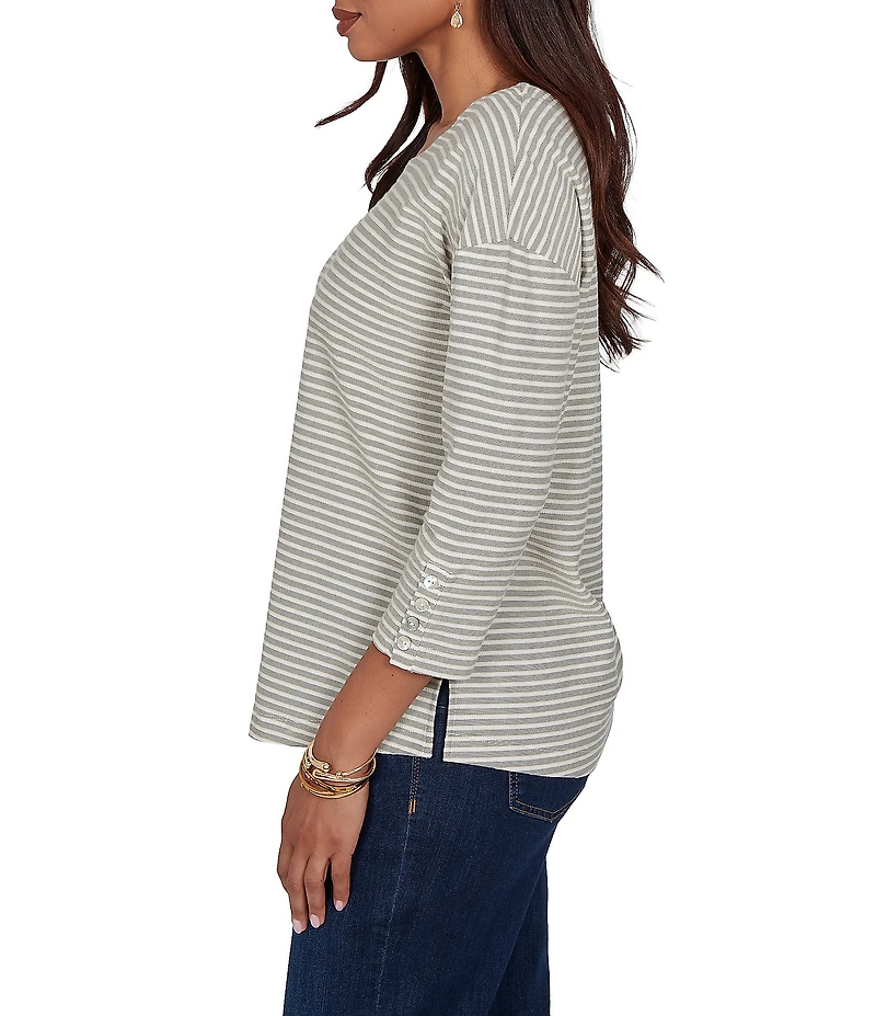 Ruby Rd. Knit Stripe Boat Neck 3/4 Sleeve Top