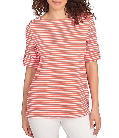 Ruby Rd. Knit Stripe Boat Neck Short Roll-Tab Sleeve Top