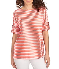Ruby Rd. Knit Stripe Boat Neck Short Roll-Tab Sleeve Top