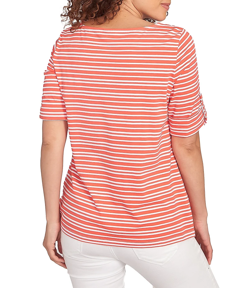 Ruby Rd. Knit Stripe Boat Neck Short Roll-Tab Sleeve Top