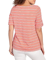 Ruby Rd. Knit Stripe Boat Neck Short Roll-Tab Sleeve Top