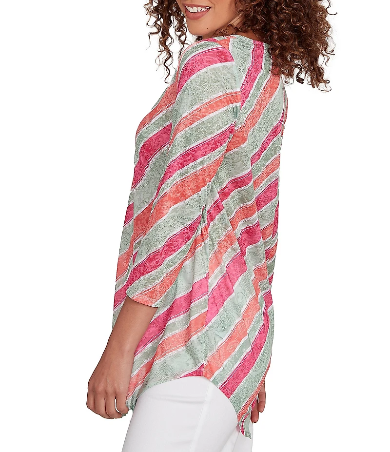 Ruby Rd. Knit Stripe Crew Neck 3/4 Sleeve Asymmetric Hem Top