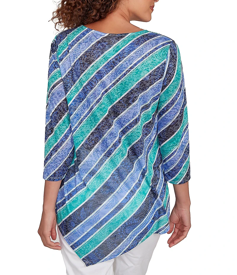 Ruby Rd. Knit Stripe Crew Neck 3/4 Sleeve Asymmetric Hem Top