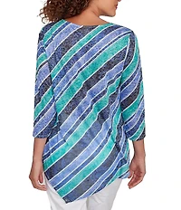 Ruby Rd. Knit Stripe Crew Neck 3/4 Sleeve Asymmetric Hem Top