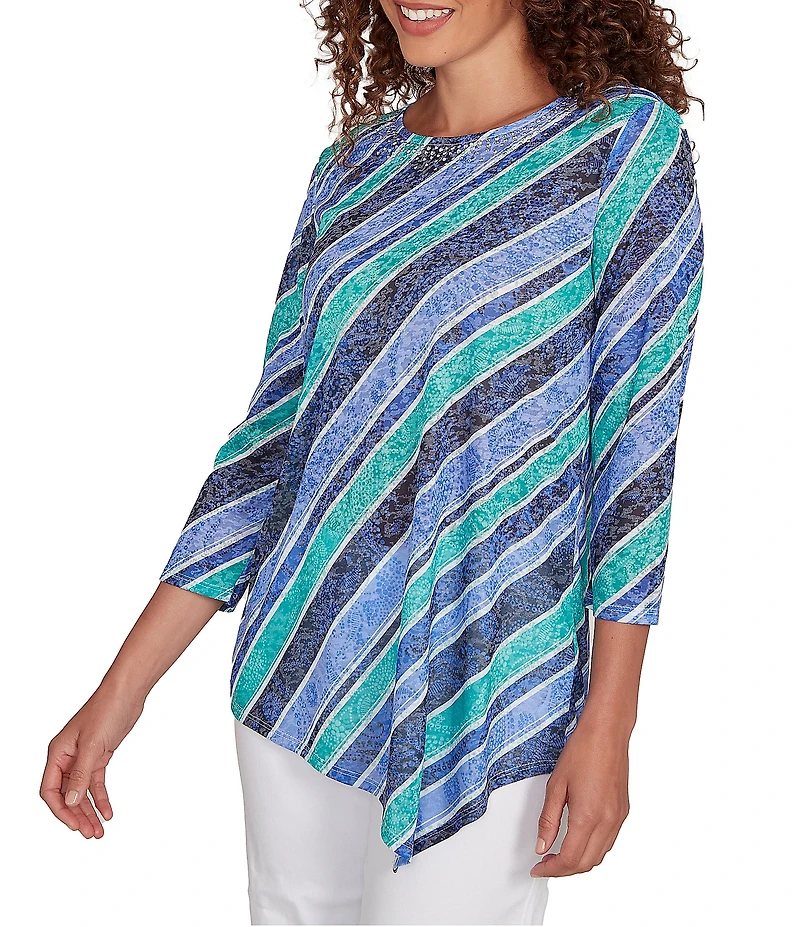 Ruby Rd. Knit Stripe Crew Neck 3/4 Sleeve Asymmetric Hem Top