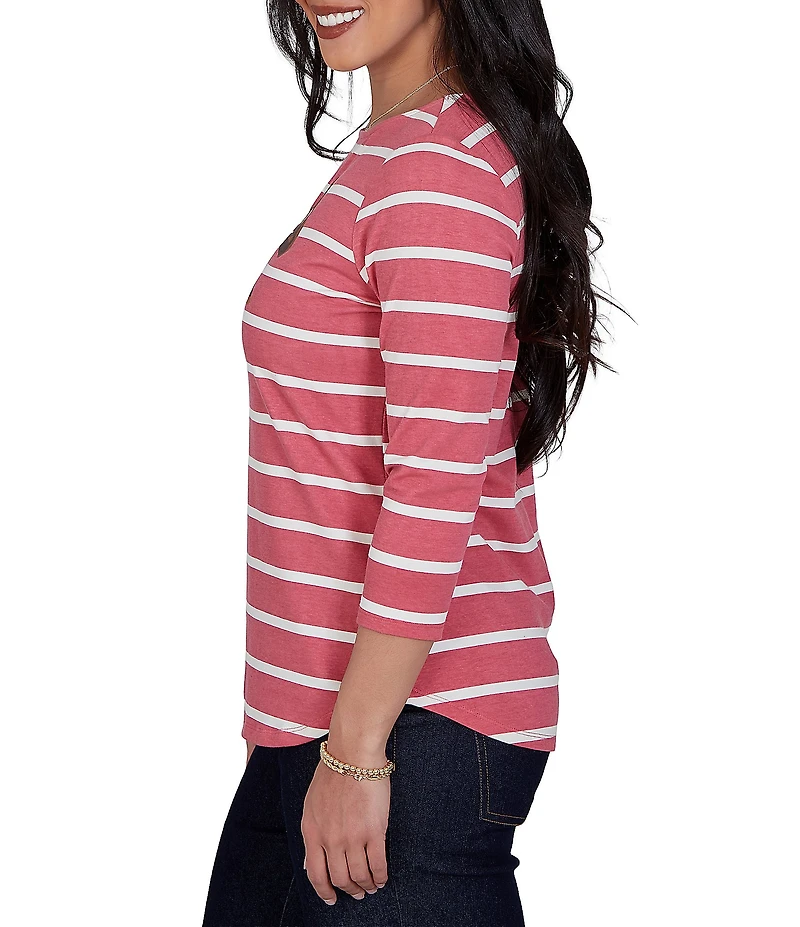 Ruby Rd. Knit Stripe Football Bow Boat Neck 3/4 Sleeve Tee