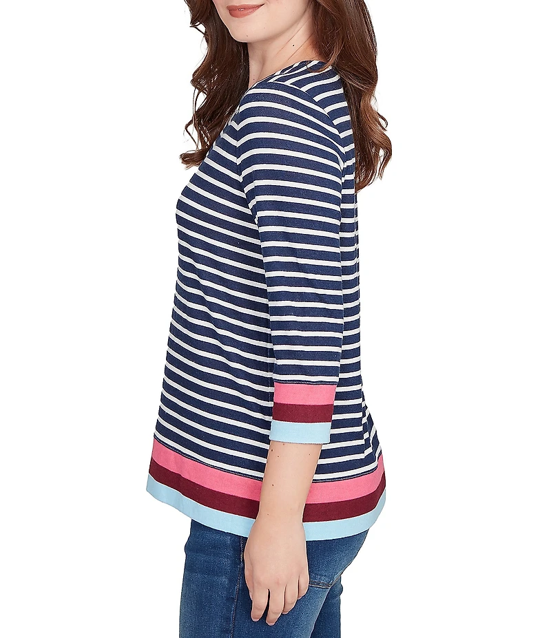 Ruby Rd. Knit Stripe Square Neck 3/4 Sleeve Side Slit Top