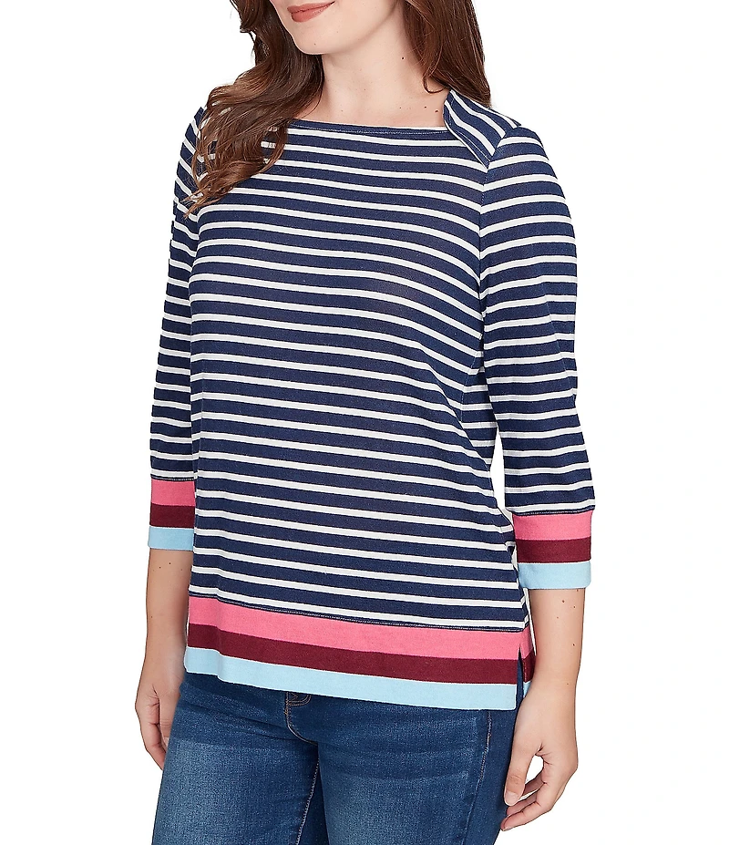 Ruby Rd. Knit Stripe Square Neck 3/4 Sleeve Side Slit Top