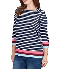 Ruby Rd. Knit Stripe Square Neck 3/4 Sleeve Side Slit Top
